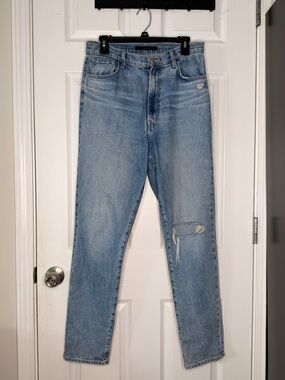 J Brand Faded Light Blue Slim Women Straight Jeans with Knee Distress